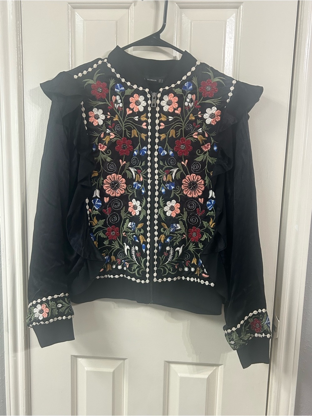 Zara black silky floral embroidered bomber jacket with ruffle detail Size M